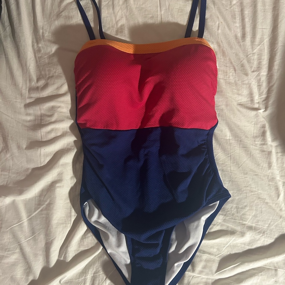 Red and Blue One Piece Swimwear with Color Block Design